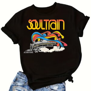 COTTON Women's Plus Size Fashion T-Shirt with Soul Train Graphic Colorful Casual Style Ideal Holiday Gift