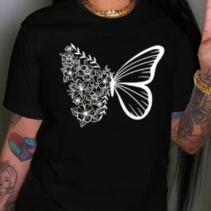Chic Plus Size Butterfly Graphic Tee for Women - Comfy Crew Neck Short Sleeve T-shirt - Perfect for Spring Summer Ladies Top