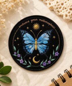 Custom Embroidered Butterfly Iron On Patch with Inspirational Quote, Celestial Applique for Jacket Bag