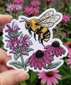 Custom Embroidered Bumble Bee Wildflower Patch, Nature Garden Iron On Patch for Jacket Backpack Hat Botanical Gift